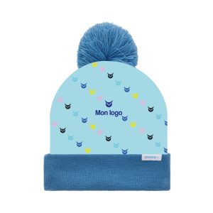 Bonnet en polyester entièrement personnalisable avec intérieur en acrylique, pompon et bord-côte 1*1
