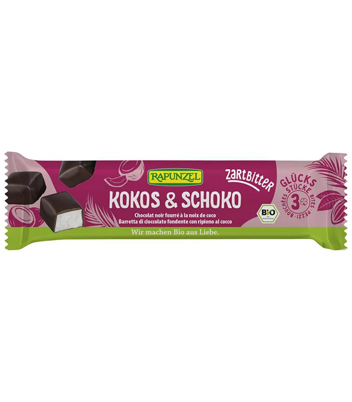 Rapunzel ekološke Kokosove kocke s temno čokolado, 50g